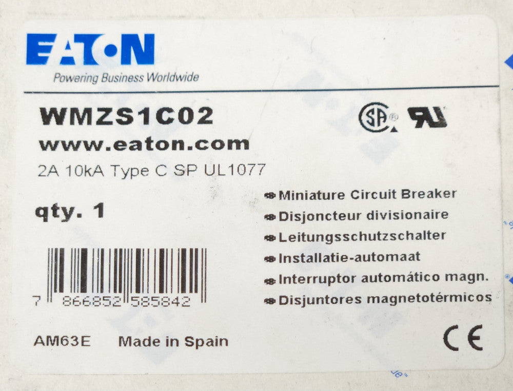 EATON WMZS1C02 Single Pole 2 AMP Miniature Circuit Breaker 10 KA Type C SP