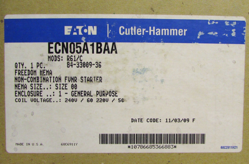 EATON CUTLER HAMMER ECN05A1BAA Size 00 220/240V Starter AN14AN0 Nema 1 Enclosure