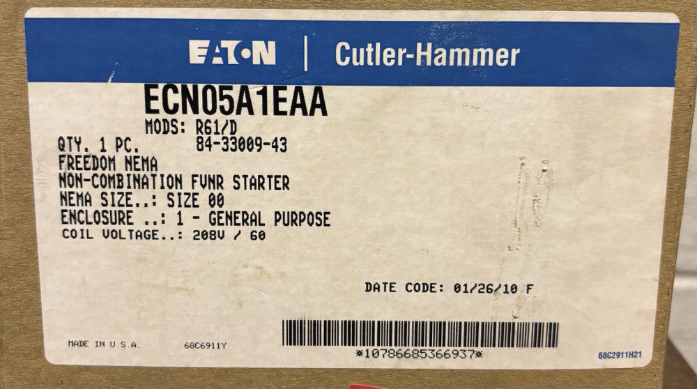 EATON CUTLER HAMMER ECN05A1EAA Size 00 208 V Starter AN14AN0 Nema 1 Enclosure