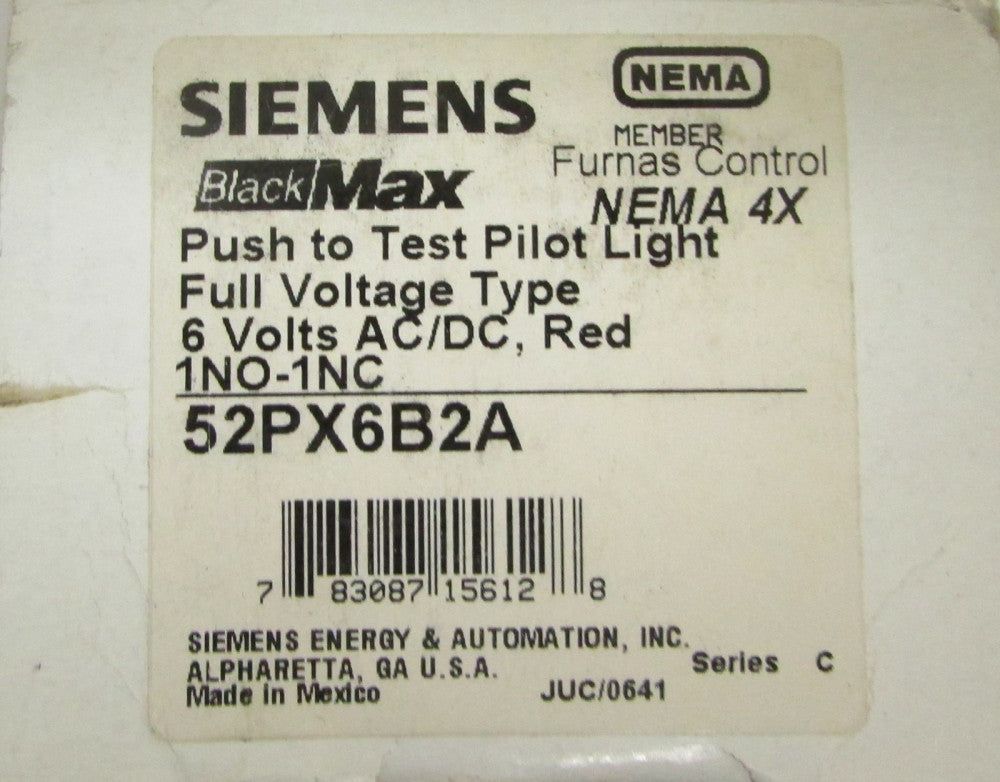 SIEMENS FURNAS 52PX6B2A 6 Volt AC DC RED Push to Test Black Max Pilot Light