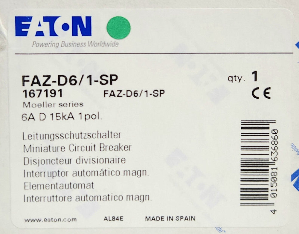 EATON MOELLER FAZ-D6/1-SP Single Pole 6 AMP Miniature Circuit Breaker 277/480VAC