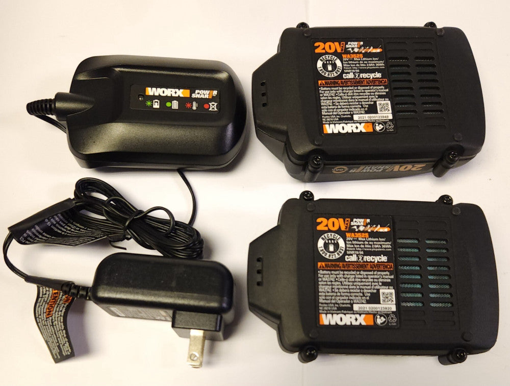 WORX OEM WA3742 CHARGER With TWO WA3525 POWER SHARE 20 Volt Batteries 2.0 AH