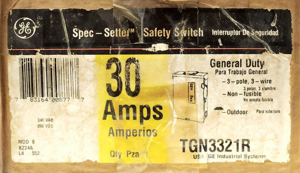 GENERAL ELECTRIC TGN3321R 3 Pole 30 AMP Nema 3R Safety Switch Outdoor Rated 240