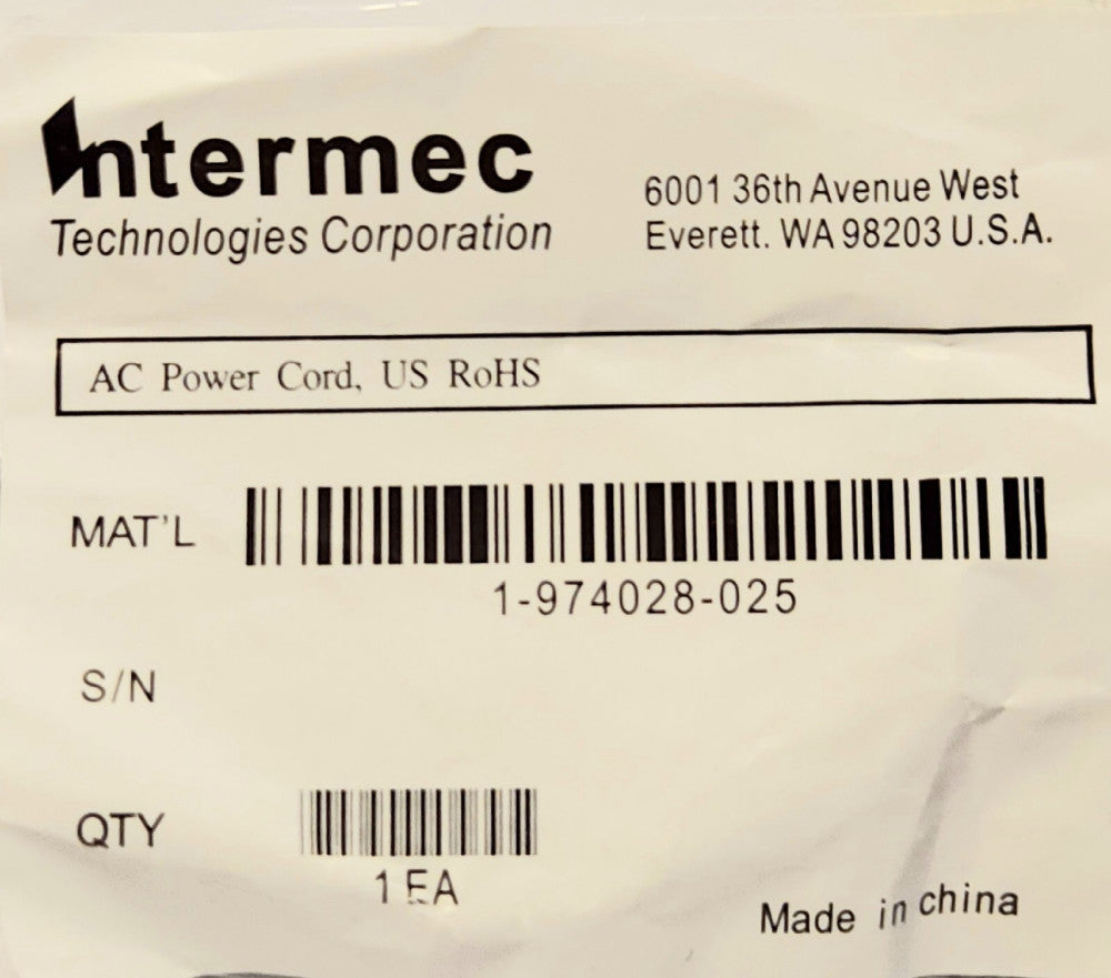 INTERMEC 1 974028 025 AC Power Cord 10 AMP 125 VAC