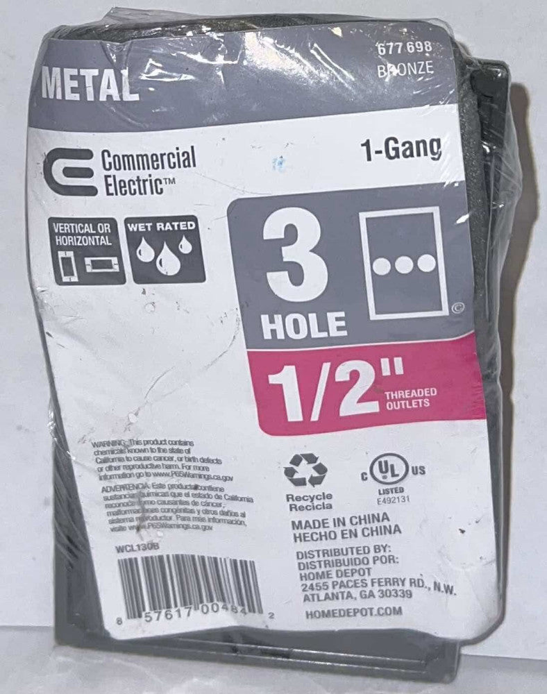 COMMERCIAL ELECTRIC 677 698 1 GANG BRONZE 3 Hole Weatherproof Cover WCL130B 1/2"