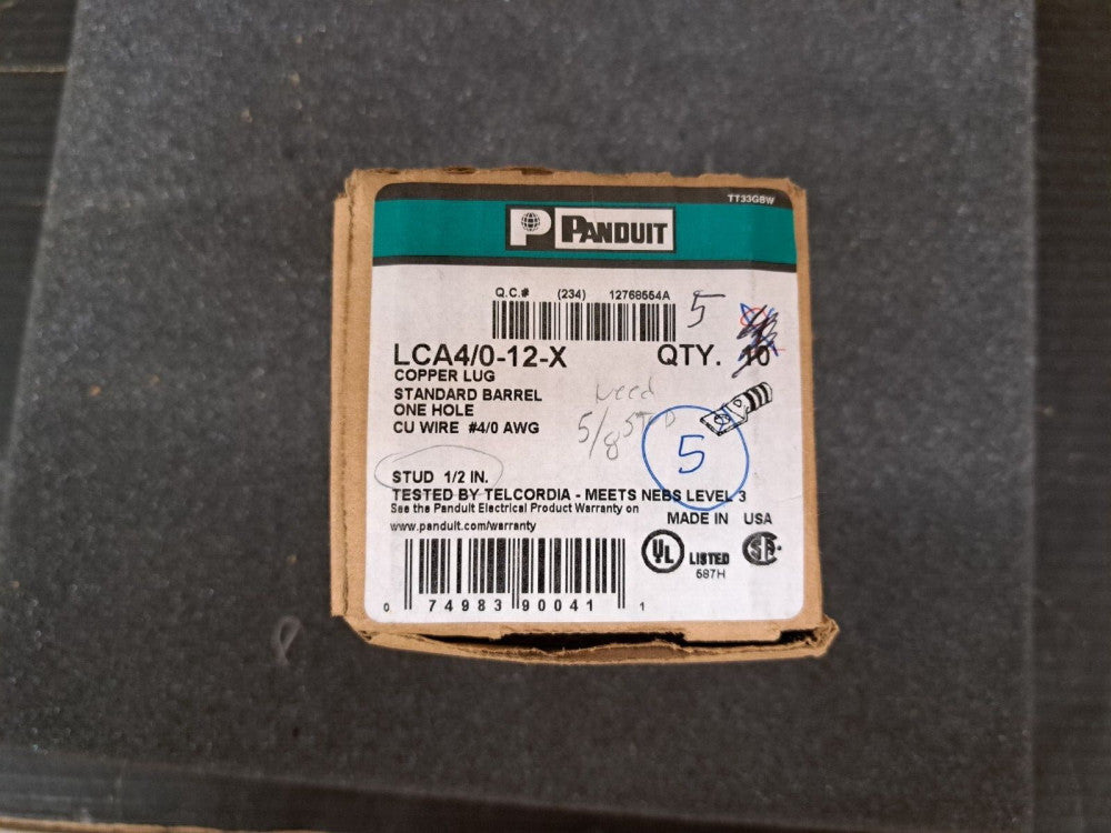 New, Panduit, LCA4/0-12-X, CONN TERM RECT LUG 4/0 AWG #1/2