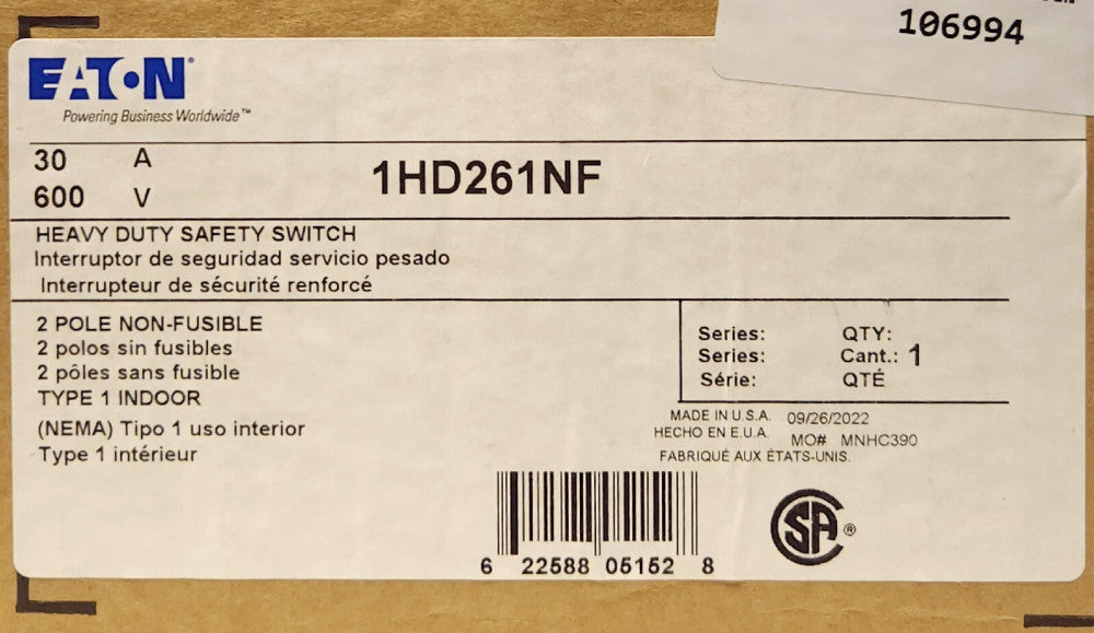 EATON CUTLER HAMMER 1HD261NF 2 Pole 30 AMP 600 VAC Safety Switch Nema 1 Indoor