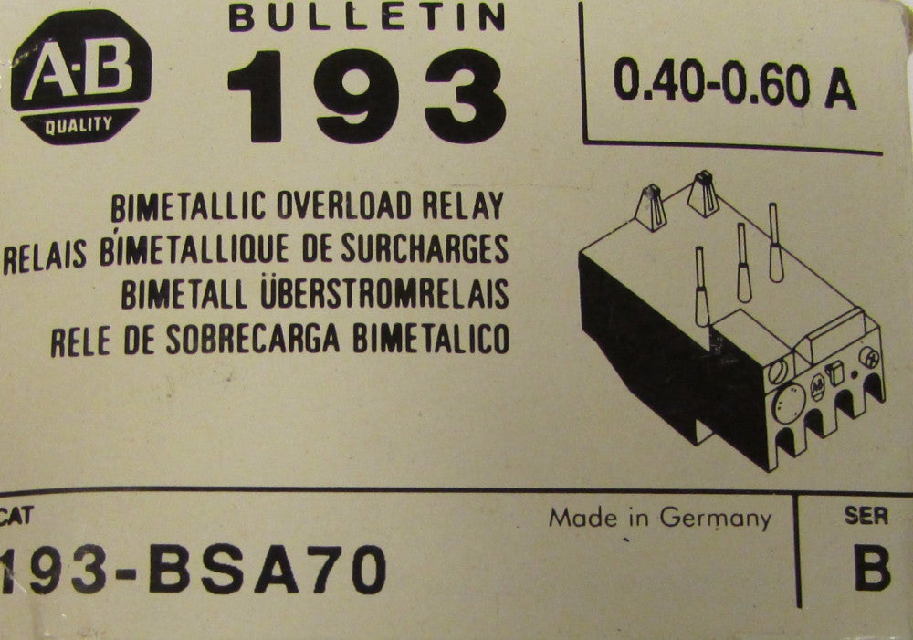 ALLEN BRADLEY 193 BSA70 .40-.60 Amp Bimetallic Overload Relay