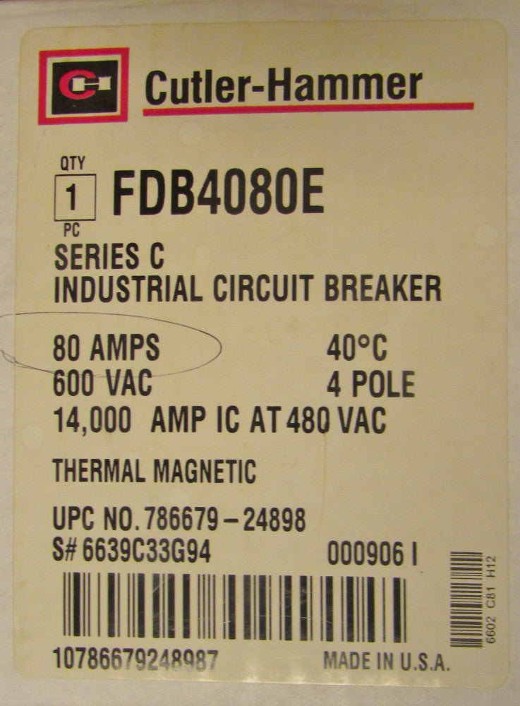 CUTLER HAMMER FDB Breaker 4 Pole 80 Amp FDB4080E