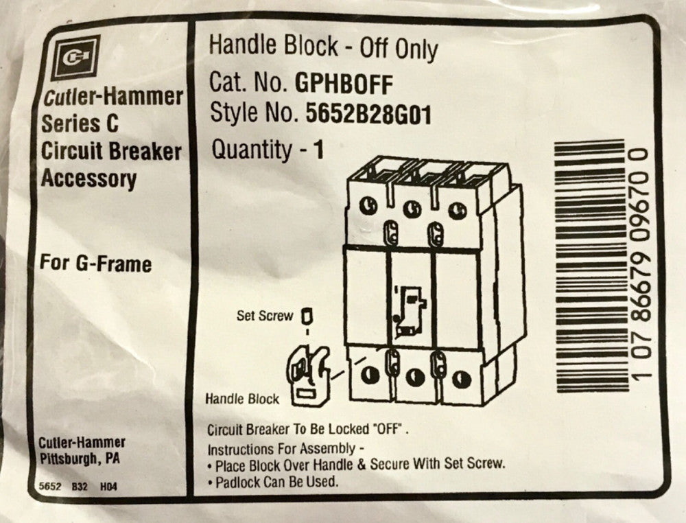 EATON CUTLER HAMMER GPHBOFF Handle Block Lock OFF For G Frame 5652B28G01