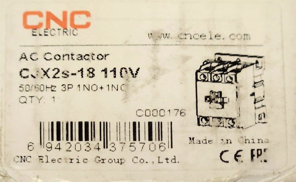 CNC ELECTRIC CJX2S 18 110V 3 Pole 1 NO 1 NC 120 VAC Contactor