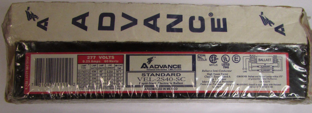ADVANCE VEL2S40SC 277 V Rapid Start .25 Amp Ballast VEL-2S40-SC