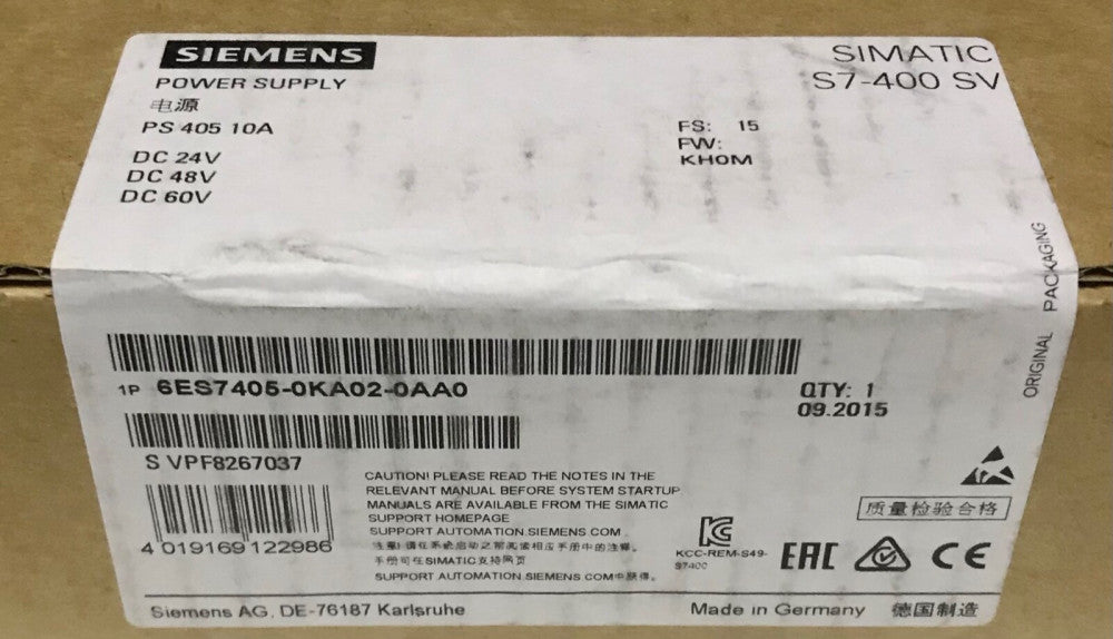 SIEMENS 6ES7405 0KA02 0AA0 Simatic S7 400 SV Power Supply PS 405 10A 24-60 VDC