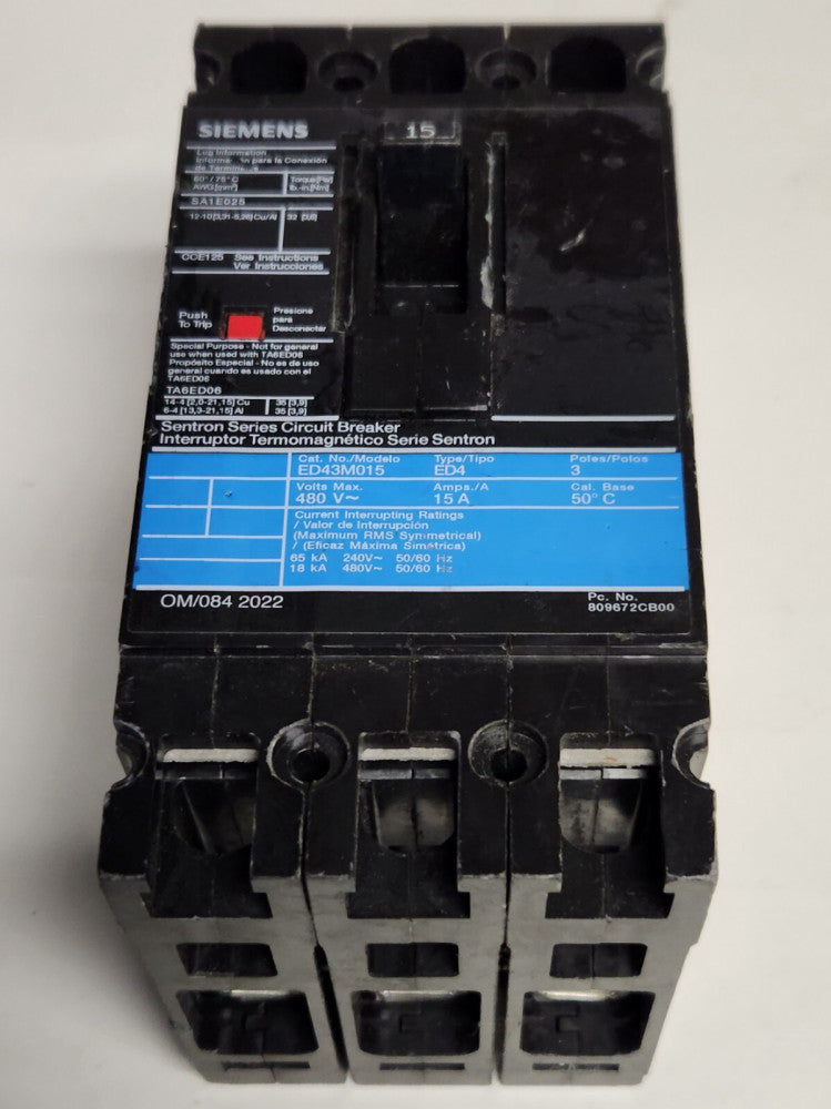 SIEMENS ED43M015 3 Pole 15 AMP Type ED4 Circuit Breaker