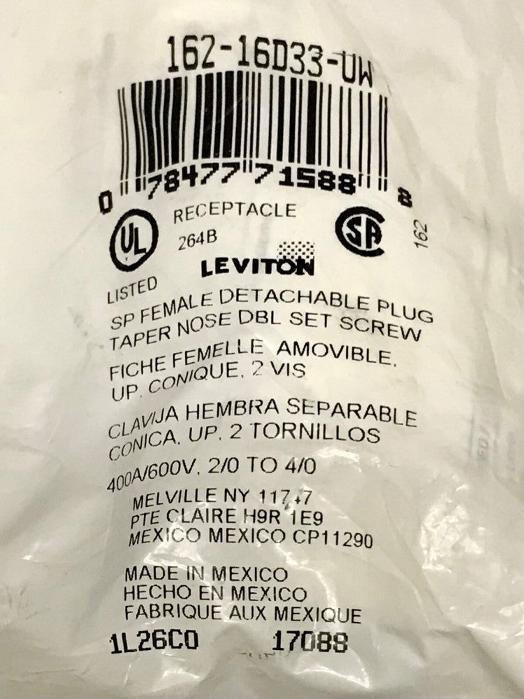 LEVITON 162 16D33 UW SP Detachable Female Plug 400 AMP 600 VAC 2/0 to 4/0 264B