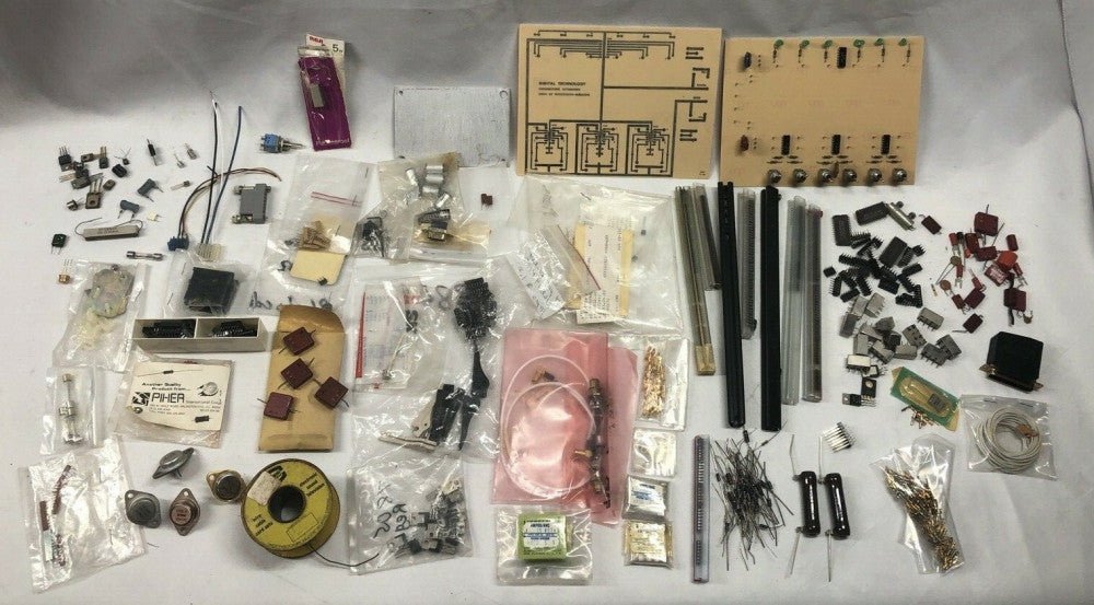 BIG LOT OF VINTAGE MISCELLANEOUS Resistors Microchips Capacitors Caps Cables