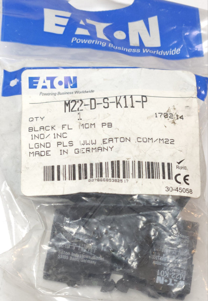 EATON M22 D S K11 P BLACK Flush Head Pushbutton Kit Momentary 1 NO 1 NC Contact