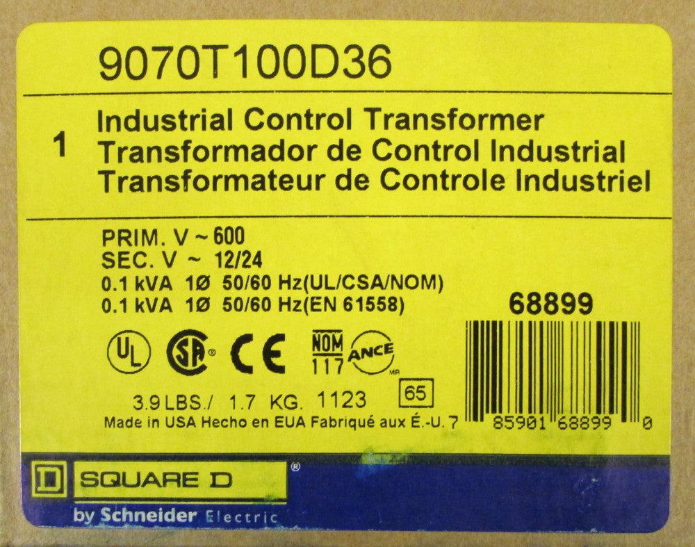 SQUARE D 9070T100D36 Industrial Control Transformer .1 KVA Pri. 600V Sec 12/24V