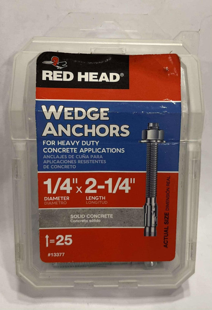 (BOX OF 25) RED HEAD #13377 Wedge Anchors Concrete 1/4" Diameter 2-1/4" Length