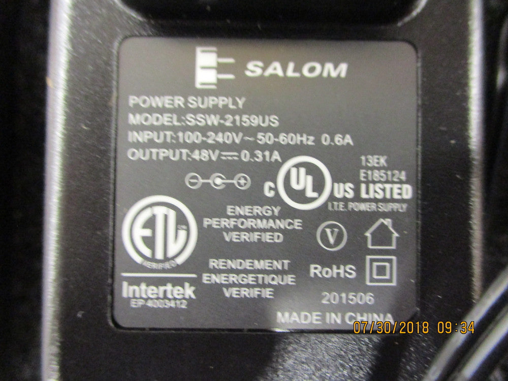 SSW-2159US Salom Power Supply; Input: 100-240 VAC 0.6A; Output: 48 V BRAND NEW!