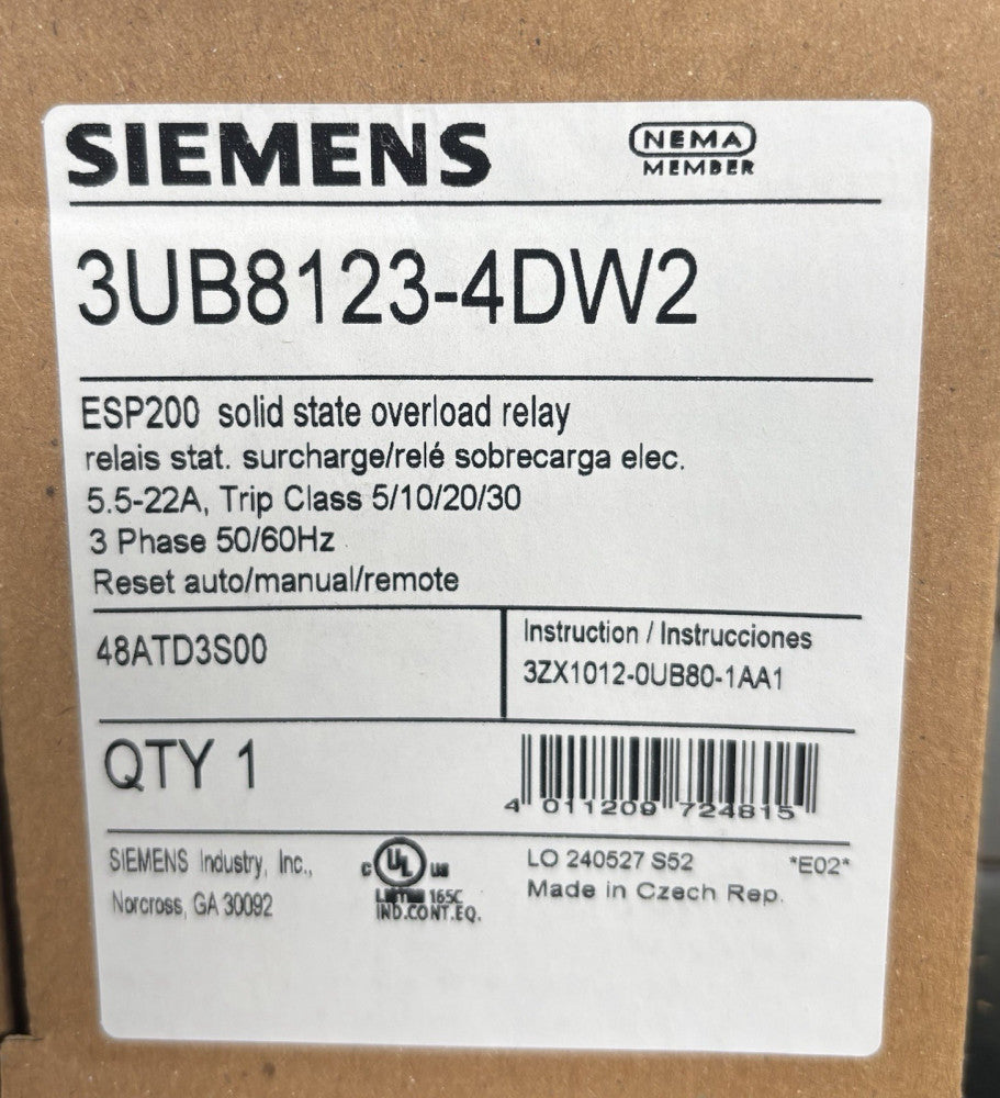 SIEMENS 48ATD3S00 Electronic ESP200 Overload Relay 5.5-22 AMP 3UB8123 4DW2