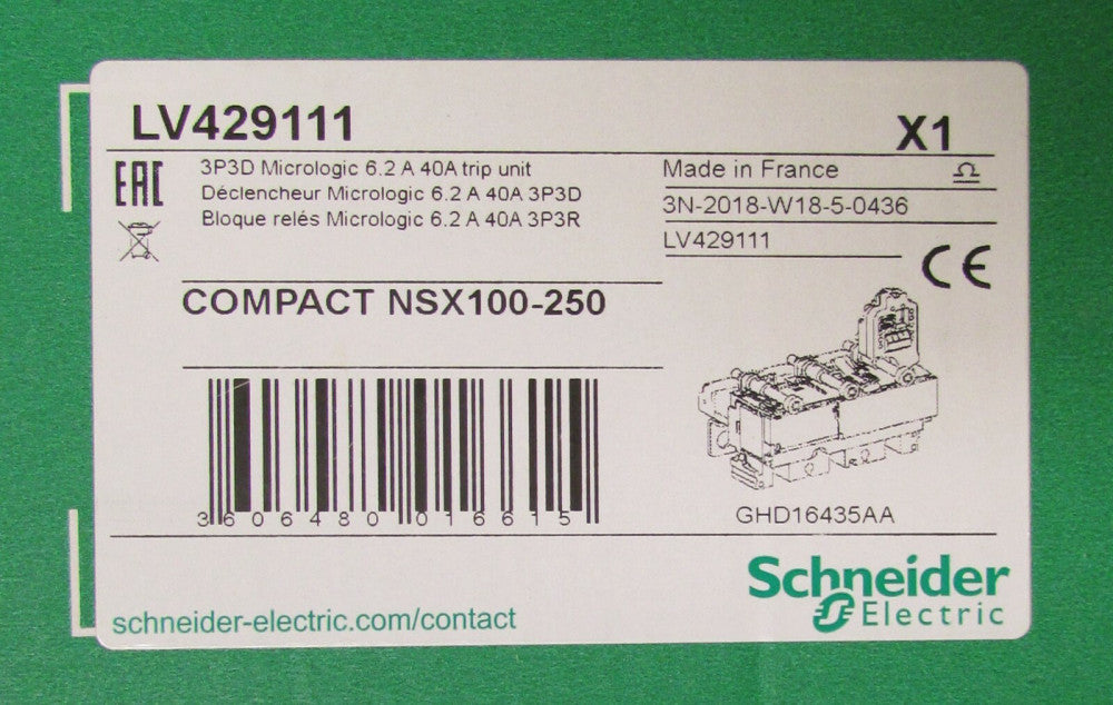 Schneider Electric LV429111 Compact NSX100-250 3P3D Micrologic Trip Unit 6.2-40A