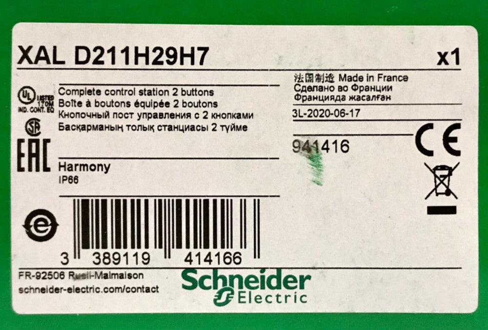 SCHNEIDER ELECTRIC XAL D211H29H7 Complete START STOP Pushbutton Control Station