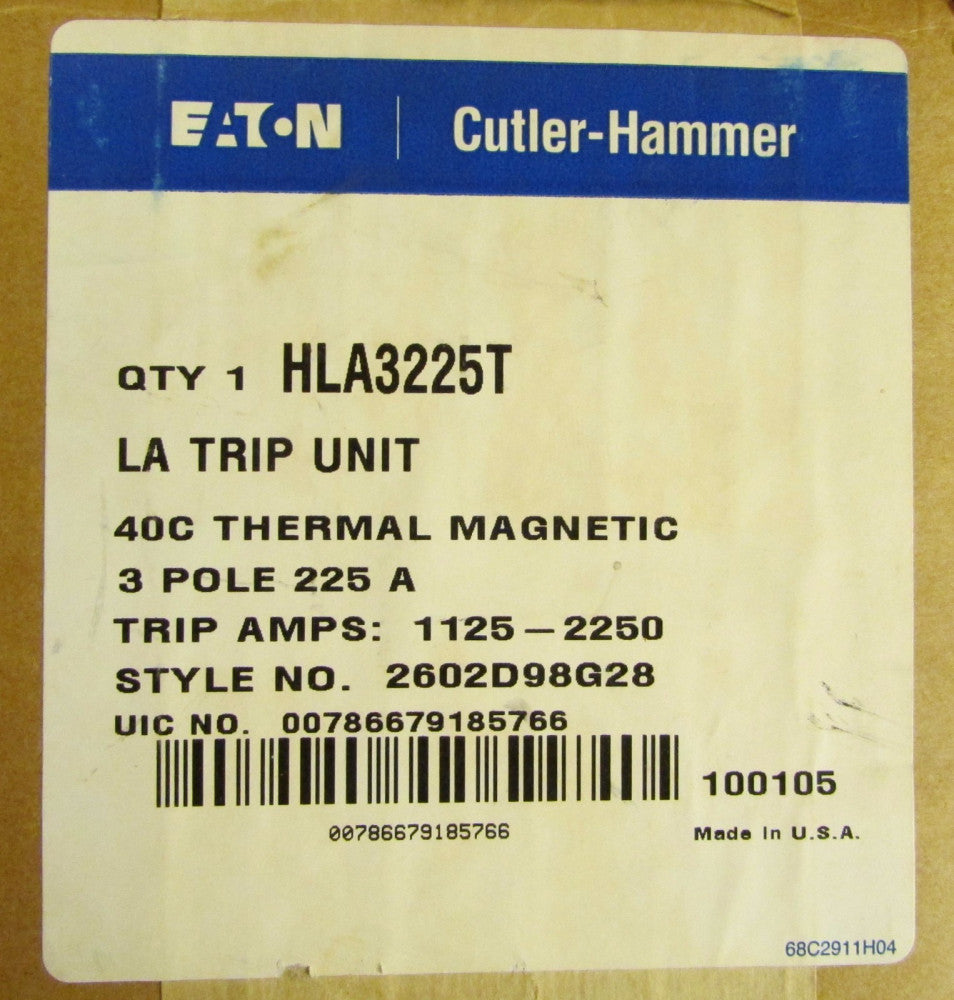EATON CUTLER HAMMER HLA3225T 3 Pole 225 Amp Type LA HLA Trip Unit 2602D98G28