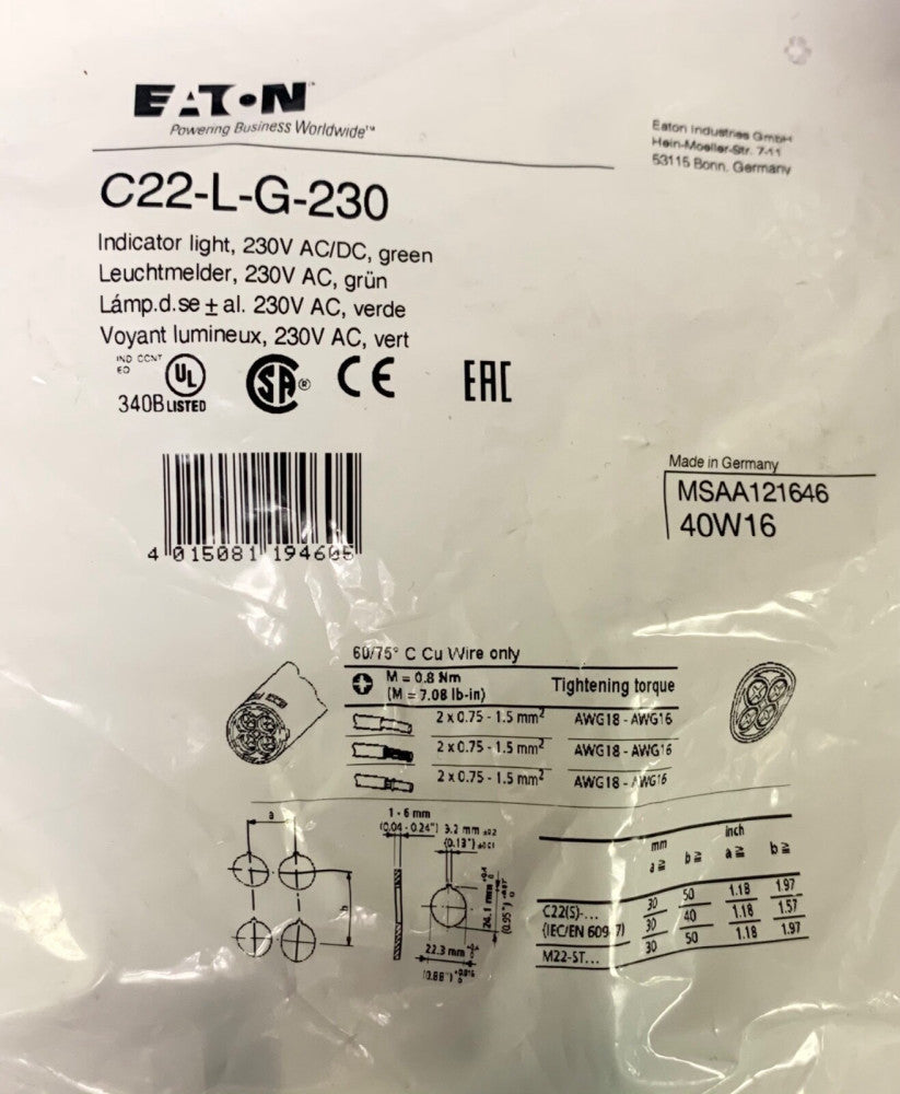 C22 L G 230 Green 230 VAC VDC Indication Light C22-L-G-230