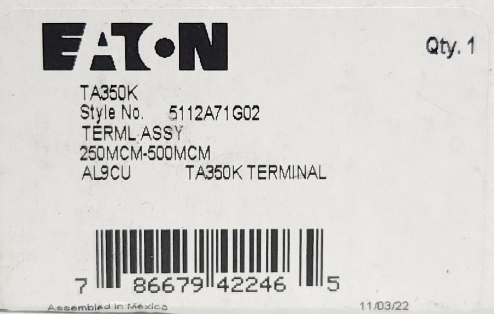 EATON CUTLER HAMMER TA350K Type KD HKD Circuit Breaker Lug Terminal 250-500 MCM