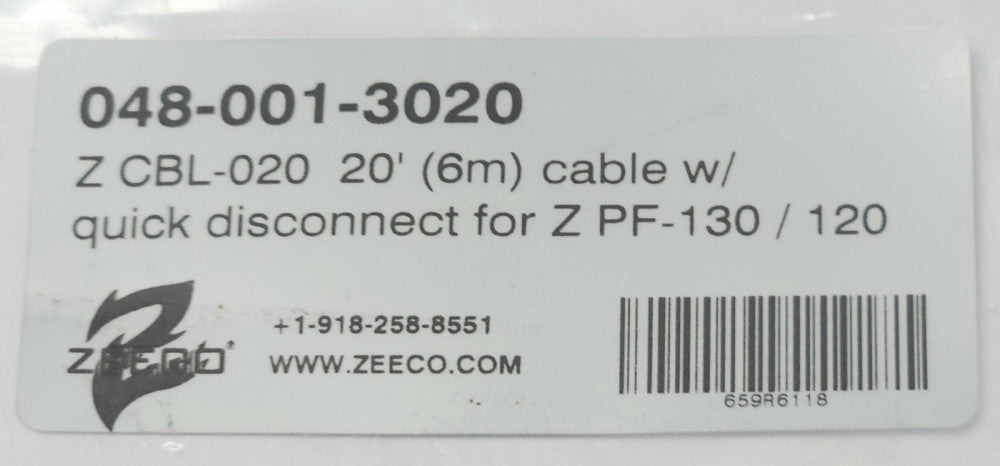 ZEECO 048 001 3020 PROFLAME Z CBL-020 20' CABLE For PF-130 PF-120 6M Quick Disc.
