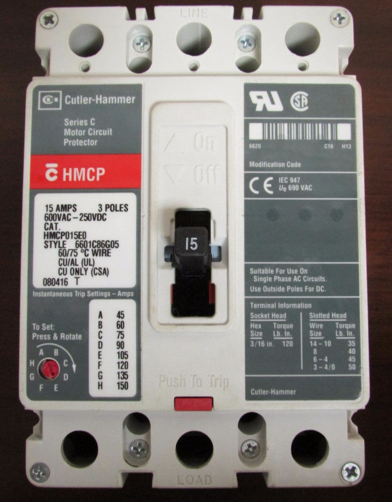 CUTLER HAMMER HMCP015E0 3 Pole 15 Amp HMCP Motor Circuit Protector