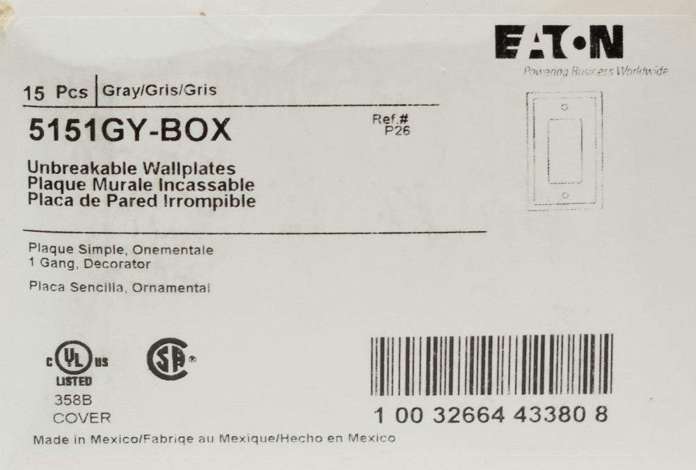 EATON ARROW HART 5151GY BOX OF 15 Grey Gray 1 Gang Square Wall Switch Cover