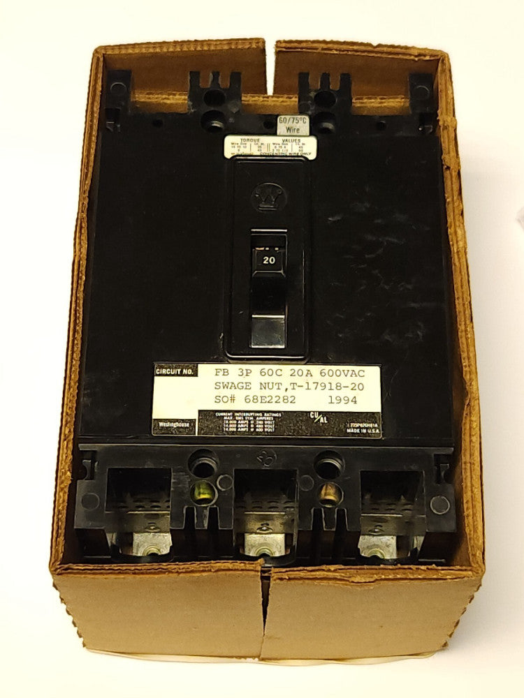 WESTINGHOUSE CUTLER HAMMER FB3020 3 Pole 20 AMP Type FB Circuit Breaker SWAGE