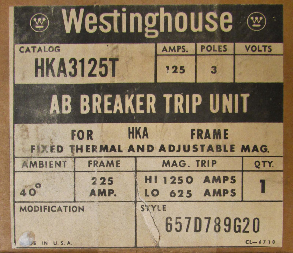 WESTINGHOUSE HKA3125T 3 Pole 125 Amp Type KA HKA Trip Unit 657D789G20 KA3125T