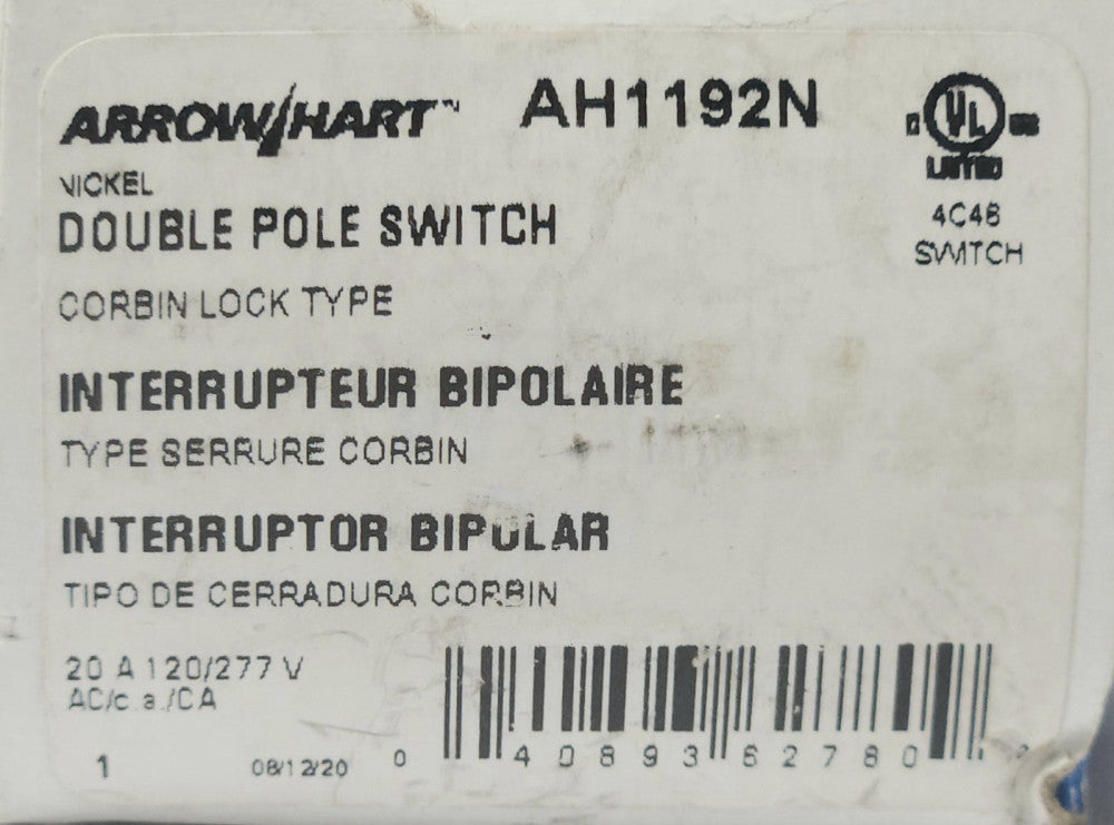 EATON ARROW HART AH1192N 20 AMP Keyed Double Pole Switch 2 Position Maintained