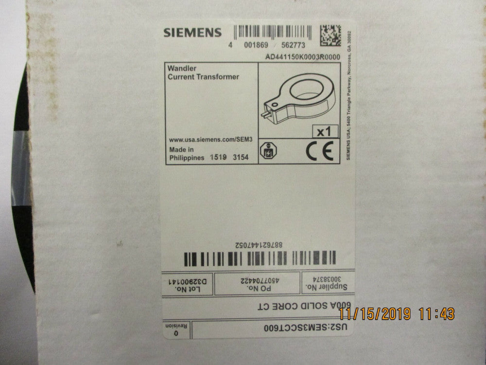 SIEMENS - US2:SEM3SCCT600 - 600A Solid Core Current Transformer