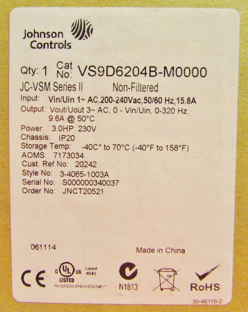 JOHNSON CONTROLS VS9D6204B M0000 3HP JC VSM Series 11 Drive 200-240VAC
