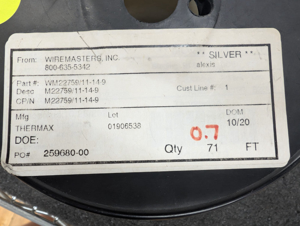 New, Thermax, M22759/11-14-9, 14 AWG 19 STRAND SILVER-COATED COPPER COND PTFE