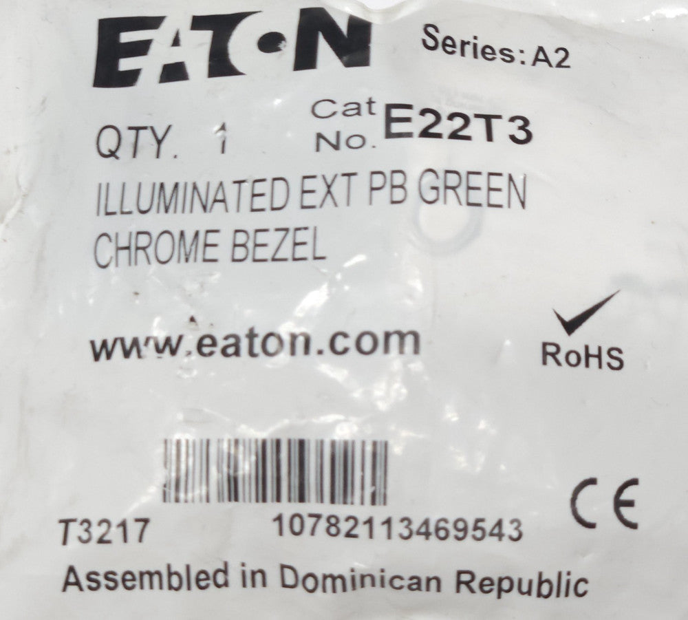 EATON E22T3 Illuminated Extended GREEN Pushbutton Chrome Bezel