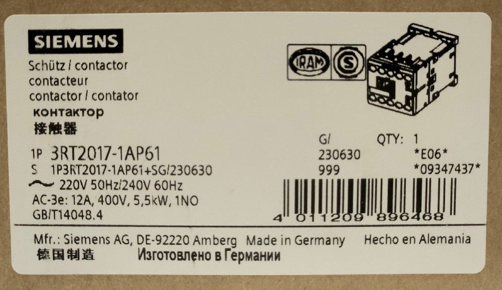 SIEMENS 3RT2017 1AP61 SIRIUS Contactor 220 240 VAC 12 AMP 400 Volt 5.5 KW 1 NO