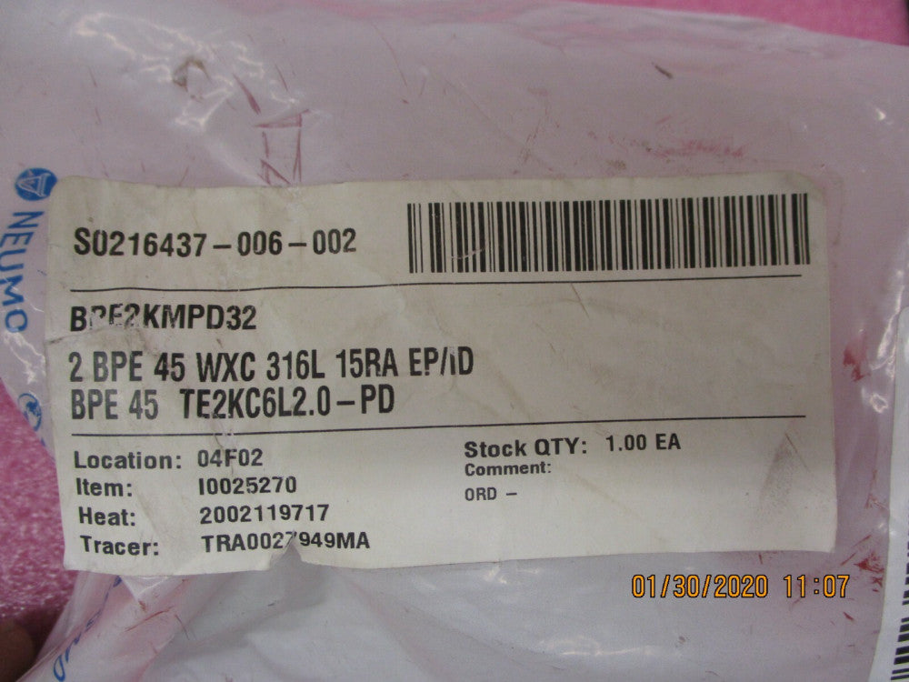 MAXPURE - TE2KC6L2.0-PD - BPE Series 2 45 Degree Elbow, T316L Stainless, Weld X
