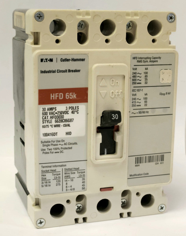 EATON CUTLER HAMMER HFD3030 3 Pole 30 AMP Type HFD Circuit Breaker