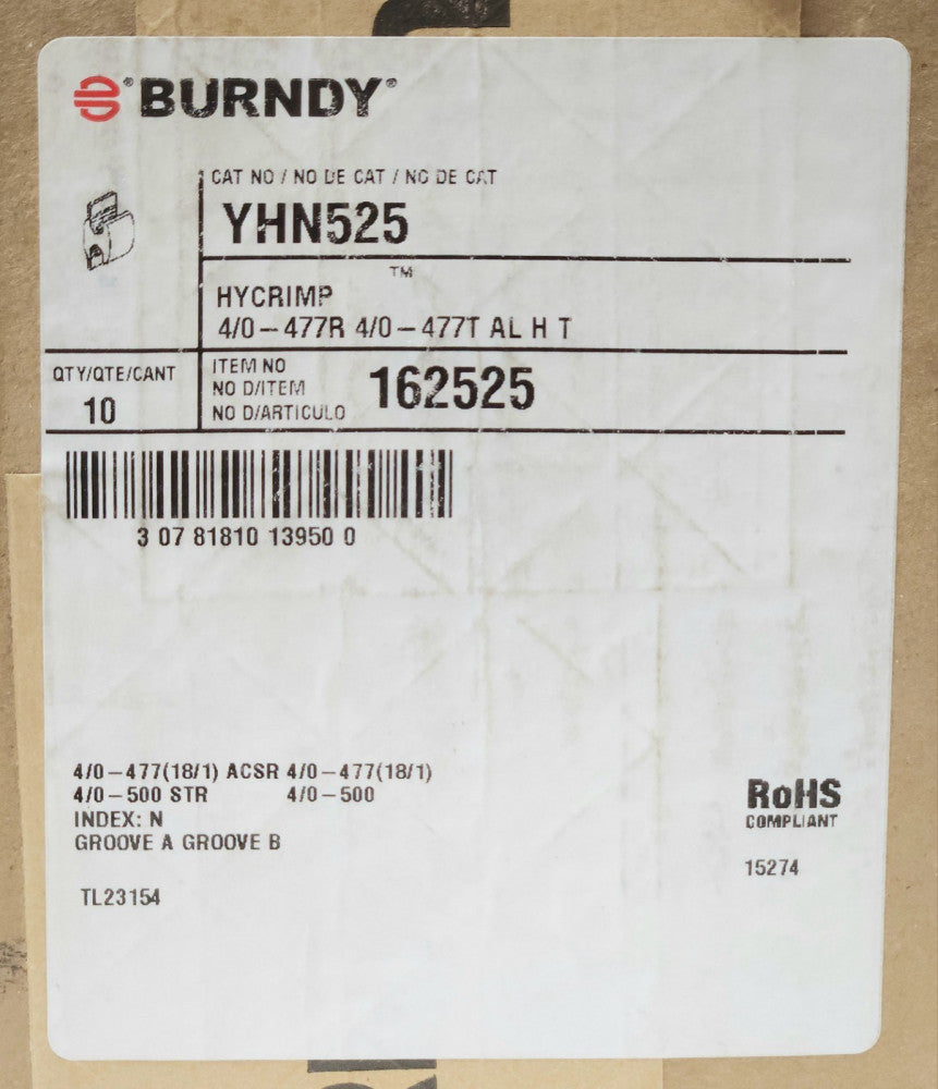 BOX CASE OF 10 BURNDY YHN525 HYCRIMP Compression TAP YHN-525 162525 GAPWR C11488