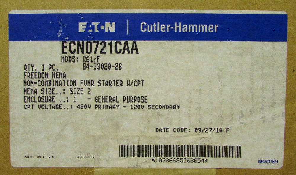 EATON CUTLER HAMMER ECN0721CAA Size 2 Starter AN14GN0 Nema 1 Enclosure Mod R61/F