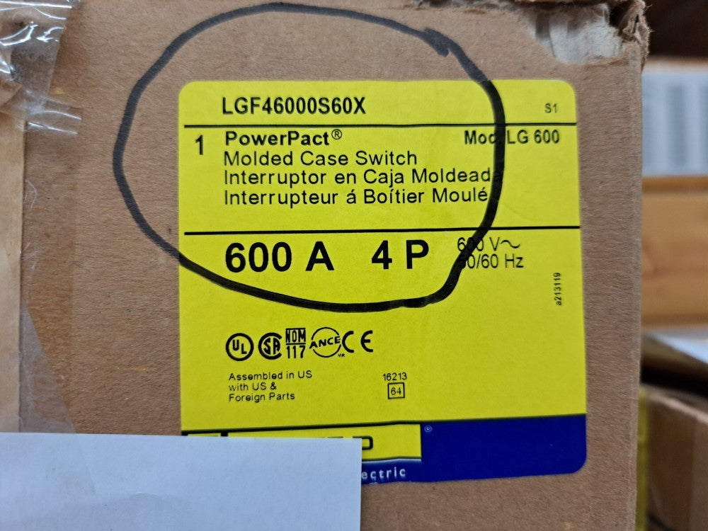 New, Square D, LGF46000S60X, MOLDED CASE CIRCUIT BREAKER 600V 600A 3 POLE