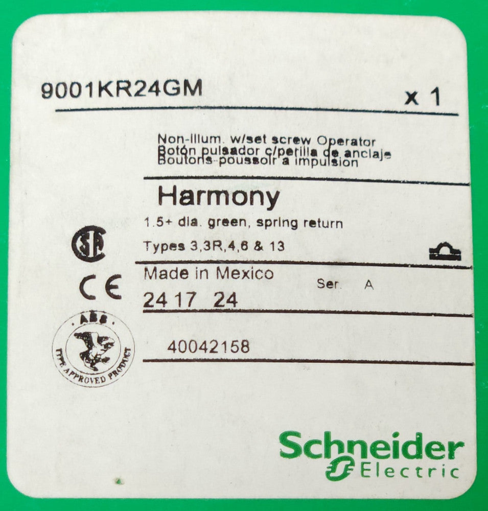 SQUARE D SCHNEIDER ELECTRIC 9001KR24GM Green Mushroom Head Momentary Pushbutton
