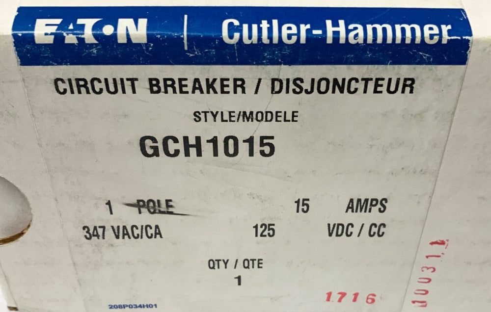 EATON CUTLER HAMMER GCH1015 Single Pole 15 AMP Type GHC Circuit Breaker