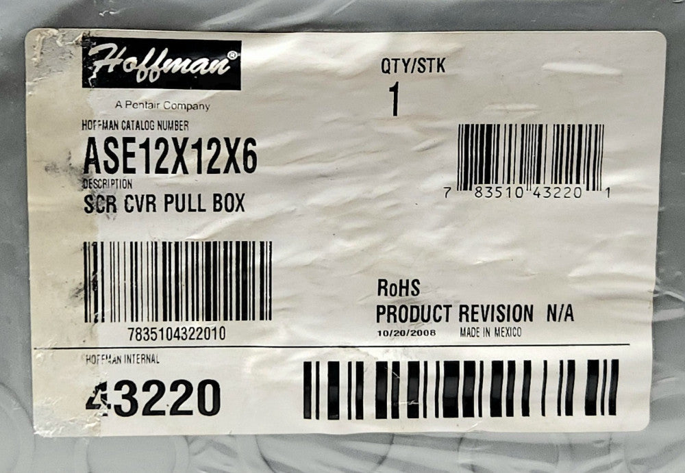 HOFFMAN ASE12X12X6 43220 SCR CVR Pull Box Enclosure 12"x12"x6" with Cover Nema 1
