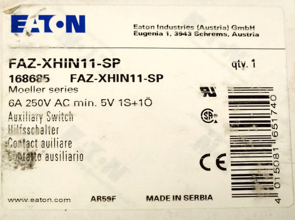 EATON MOELLER FAZ XHIN11 SP 6 AMP 250 VAC Auxiliary Switch 5V 1S + 10 168685